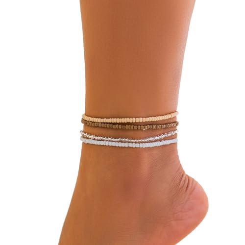 Image of 5Pcs Summer Beach Bead Anklet Bracelet,Multi-layered Pearl Anklets,Bikini Foot Chain Bracelet Wedding Bridal Adjustable Leg Bracelet Jewelry for Women Girls