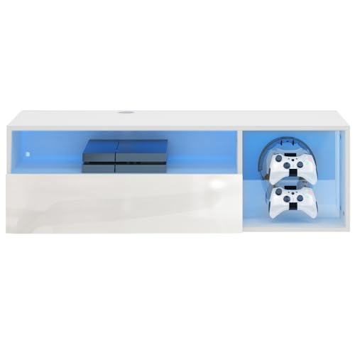 DlandHome - Mueble de TV flotante con luces LED, 100 cm, soporte para TV colgante brillante con almacenamiento estante, banco de TV, pared flotante, consola multimedia con ganchos para mandos de juego