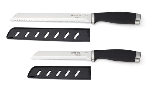 Hampton Forge Silverware Set, Epicure Bread Knives 2 Piece, Stainless Steel Material, Hand Wash, Kitchen Utensils, Cutlery Set, Kitchen Knives, Blade Guards, Slip Resistant (Black/Silver, 2 Pieces)