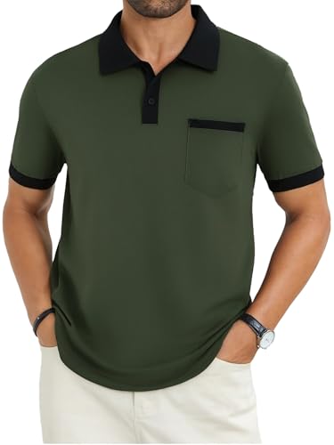 Image of Men's Casual Polo Shirts Summer Short Sleeve Contrast Collar Buttoned Tee Polo Shirt with Pocket
