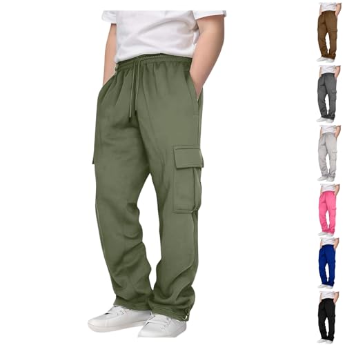 Boy's Fleece Cargo Sweatpants Athletic Basketball Joggers Drawstring Elastic Waist Open Bottom Trouser with Pockets
