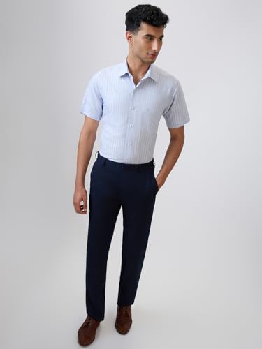 Image of Raymond Men Regular Fit Stripe Pattern Cotton Linen Blend Semicutaway Collar Half Sleeve Formal Shirt