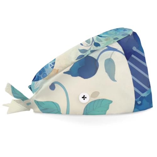 Mularoka Watercolor Tree Cat Working Caps with Button Sweatband Comfortable Adjustable Bouffant Hats Work Hat for Women Men