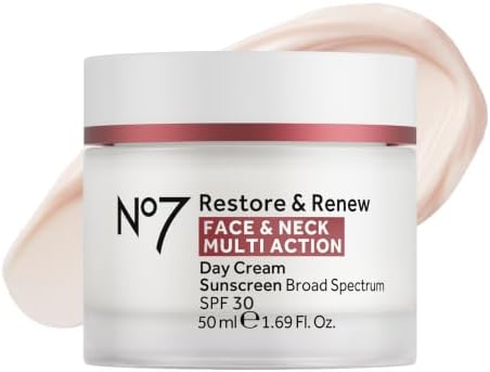 No7 Restore & Renew Multi Action Face & Neck Cream - Anti Aging Face Moisturizer with SPF 30 - Helps to Firm & Hydrate Crepey Skin - Formulated with Hyaluronic Acid, Peptides & Ceramides (1.69 Oz)