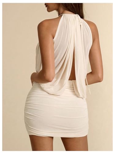 SweatyRocks Women's Sheer Mesh Halter Cocktail Dress Sleeveless Ruched Draped Bodycon Mini Dresses2