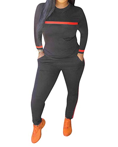 Women's Sweatsuits, Women's 2 Pcs Tracksuit - Round Neck Long Sleeve Top Stripe Long Pants Jumpsuit Outfits Set - Sport