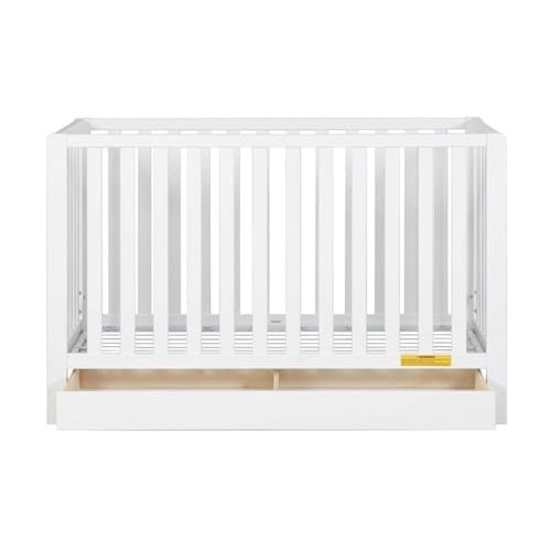 Image of Pemberly Row Contemporary 4-in-1 Convertible Crib with Drawer, Sustainable Pine Wood, White Finish, Adjustable Mattress Height, Modern Nursery Furniture, Converts to Toddler Bed, Daybed, Full-Size Bed