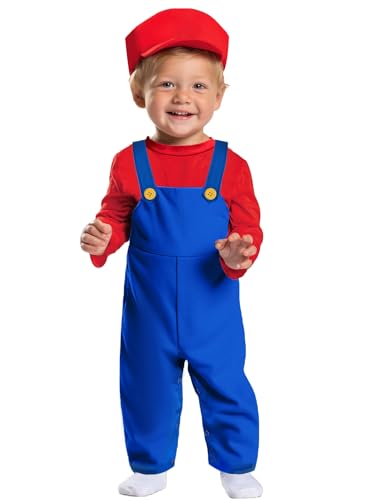 IIMMER Unisex Baby Boys Girls Plumber Outfit Rompers Long Sleeve Onesie Cotton Overall Red 12M