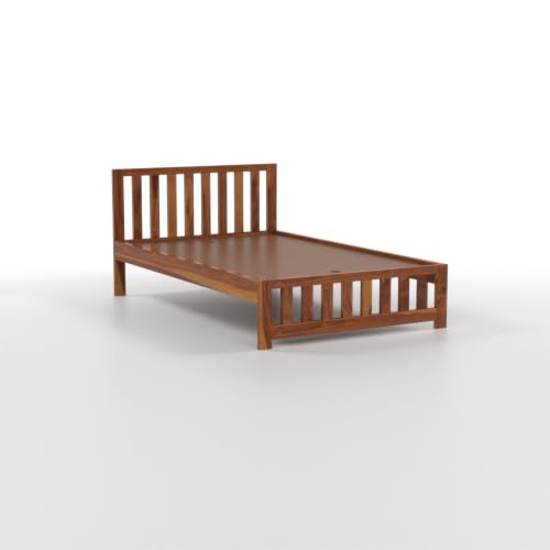 Image of Solid Sheesham Wood Single Size Bed Without Storage | Contemporary Wooden Single Cot with Slatted Headboard & Footboard | Strong Wooden Divan Bed for Bedroom (Honey Finish)