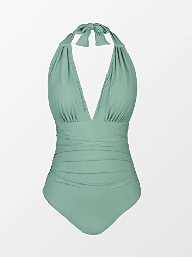 Image of CUPSHE Women Deep V Neck One Piece Halter Swimsuit | Backless,Ruched,Tummy Control,Soft Removable Cups,Flattering Bathing Suit For Vacation And Beach