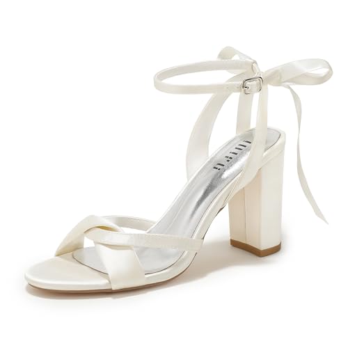 IDIFU Ivory Women's Bow Tie Heeled Sandals High Chunky Heels Cross Strap Satin Strappy Ankle Buckle...
