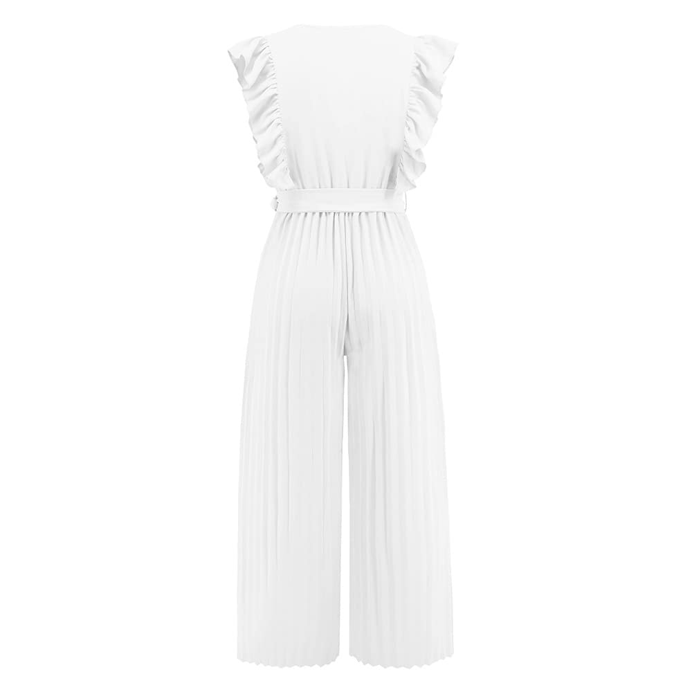 Mono De Verano para Mujer, Mono De Gasa Negra con Escote En V, Sin Mangas, con Volantes Y Cinturón, Mono Palazzo De Pierna Ancha, Informal, Elegante, para Bodas, Vacaciones, Uso Diario, P