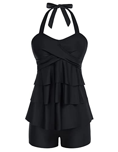 GRACE KARIN Women Tankini Bathing Suits Tummy Control Ruffle Swim Top with Boyshorts Black M