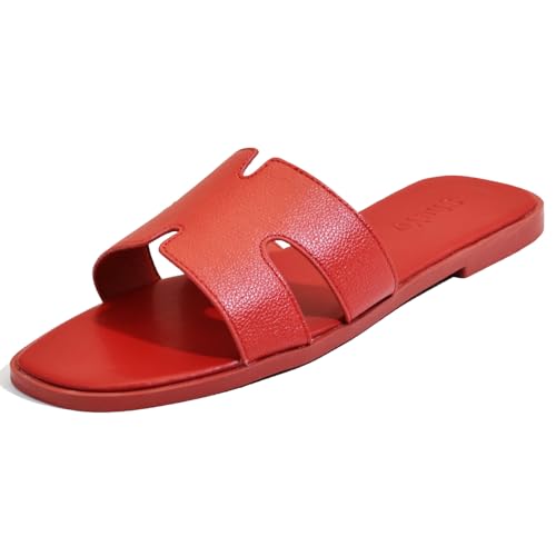 Women's Flat Sandals, Ladies Leather Slippers, Comfy Dressy Slip on Shoes Elegant Slides Summer Fall Spring Cute Open Toe Casual Footwear