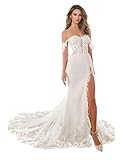 Zeeyecie Ivory Off Shoulder Wedding Dresses for Brides Tulle Lace Applique Glitter Mermaid Ruched Pleated Lace Applique Bridal Gowns with Split US6