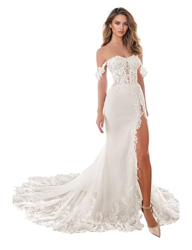 Zeeyecie Ivory Off Shoulder Wedding Dresses for Brides Tulle Lace Applique Glitter Mermaid Ruched Pleated Lace Applique Bridal Gowns with Split US6