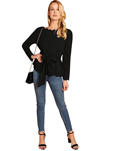 Romwe Women's Bow Self Tie Scalloped Cut Out Elegant Office Work Tunic Blouse Top Black Medium