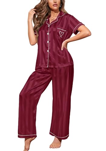 Pajamigols Womens Satin Pajamas Set Silk Pajamas for Women Set 2 Piece Striped Pjs Short Sleeves Button Down Loungewear Red M