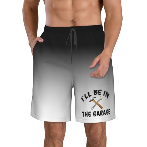 I'll Be in The Garage Men's Swim Trunks Quick Dry Beach Board Shorts Swimwear Bathing Suits for Holiday Party,