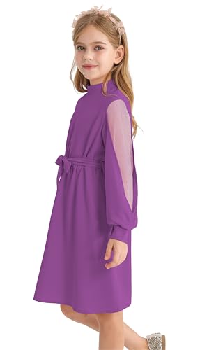 Girl Sheer Mesh Long Sleeve Mock Neck Tie Waist A line Dress for 6-14 Years3