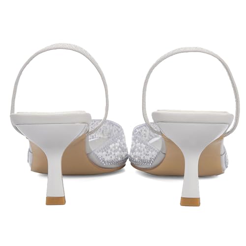 Image of YIYA Women's Clear Slingback Heels with Pearl Studded Pointed Toe Kitten Mid Heels Sparkly Rhinestone Slip On Wedding Party Shoes