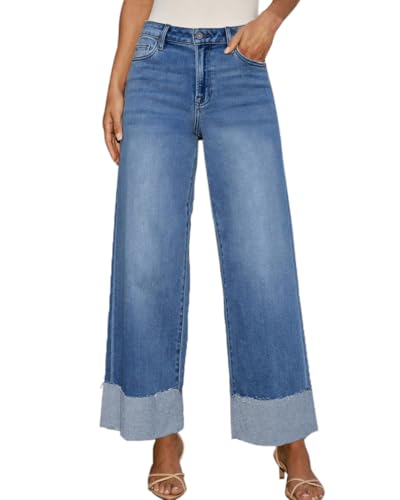 Women's High Waisted Wide Leg Jeans Stretch Frayed Raw Hem Straight Leg Boyfriend Cuffed Jeans Trendy 20253