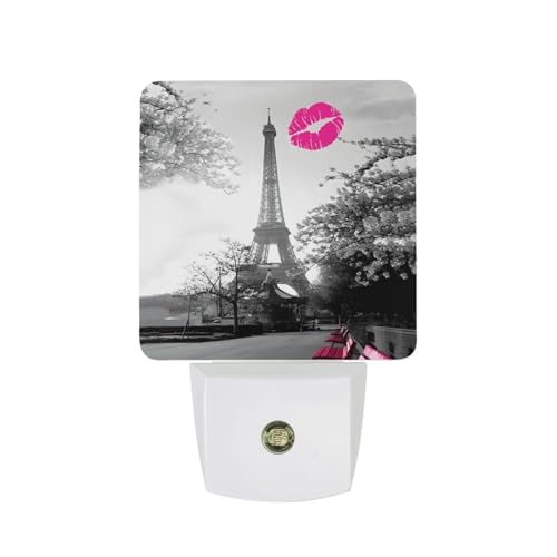 Paris Romantic Monochrome Photo of Eiffel Tower with Pink Benches and A Kiss Mark Plug-in LED Night Light, Smart Dusk to Dawn Sensor, Ultra Compact Portable Night Lamp, High Energy Saving, No Flicker