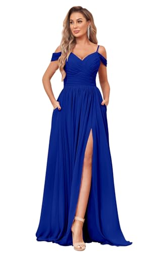 SOLODISH Off The Shoulder Bridesmaid Dresses Long Pleated Chiffon A Line Formal Evening Gown