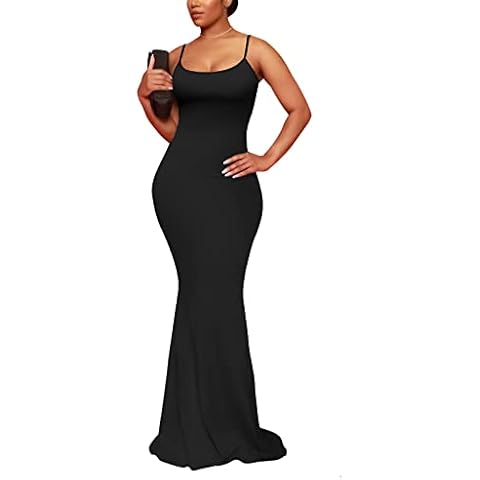 Women's Casual Soft Lounge Long Slip Dress Skim Dupes Sexy Sleeveless Bodycon Maxi Dresses Mermaid Evening Formal Cocktail Black XS Cover