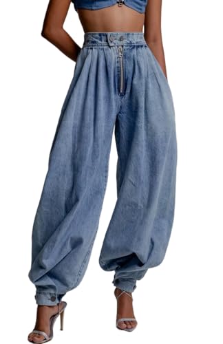 CHARTOU Women Balloon Denim Baggy Pants Casual Loose Fit Vintage Pleated High Waist Wide Leg Jeans with Pockets
