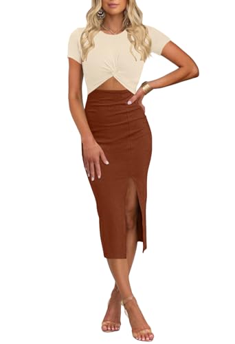 oten Women's Summer Short Sleeve Cutout Twist Front Side Slit Ribbed Knit Party Club Bodycon Midi Dresses