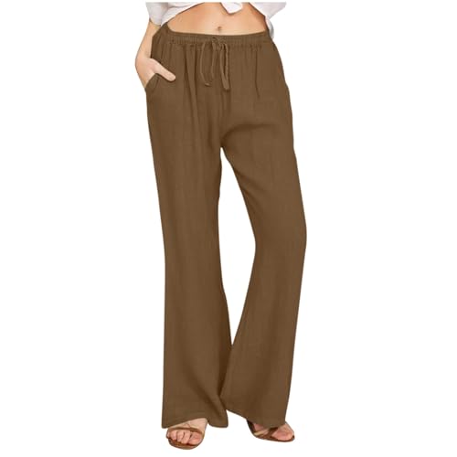 Womens Linen Pants Summer Boho Drawstring Elastic High Waist Loose Wide Leg Trousers with Pockets