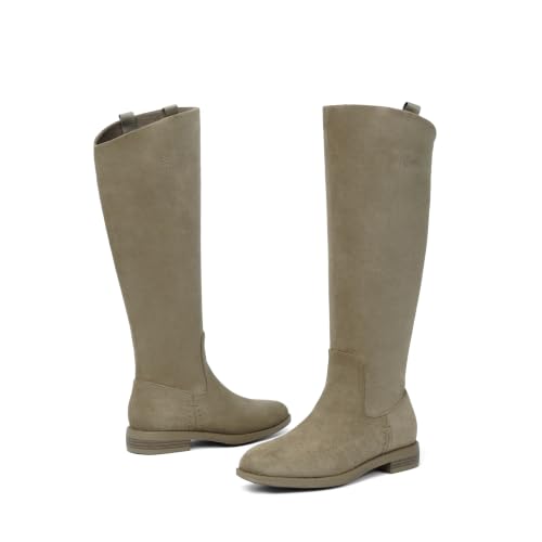 Image of Knee High Boots Women Rounded Toe Flat Retro Bais Opening Low Chunky Heel Riding Boots