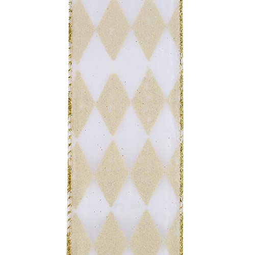 Image of White Gold Diamonds Christmas Ribbon - 2 1 /2 inch x 50 Yards, Argyle, Gold Wire Edged, Glitter, Wedding, Wreath Decoration, Garland, Fall, Tree Topper Bow, Gift Wrapping, Mardi Gras
