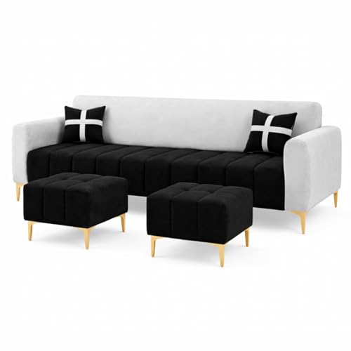 Image of Melody 3 Seater Modular L Shape Sofa Set with 2 Ottoman | Soft Velvet Upholstery, Sturdy Wooden Frame | Modern Sofa for Living Room, Hall & Office Spaces (Black-Light Grey)