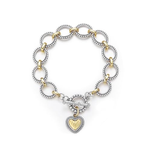 Two-Tone Chain Link Bracelet with Heart Charm - Mixed Metal Silver Gold Vintage Style Toggle Clasp Fashion Bracelet Bangle for Women
