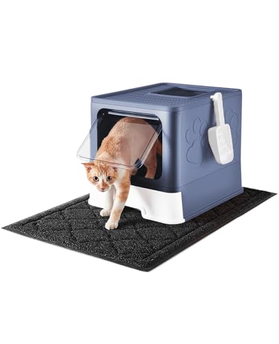 Image of Medario Cat Litter Box with X-Large Litter Mat and Scoop, Large Covered Litter Box with Lid, Enclosed Kitty Box,Front Top Entry Exit, Odor Control Easy to Clean (Upgrade Midnight)