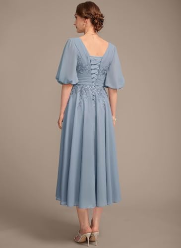 Tea Length Mother of The Bride Dresses for Wedding Chiffon V Neck Formal Evening Party Dress AU1322