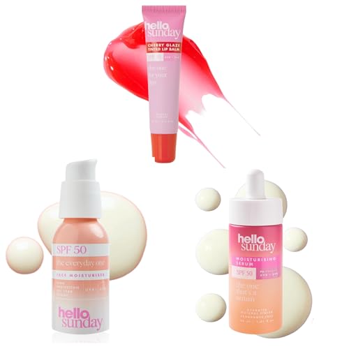 Image of Hello Sunday SPF 50 Trio | Lip Balm Cherry Glaze 15ml + Face Moisturiser 50ml + Vitamin C Serum 30ml | Hydrating, Brightening & Daily UV Defense Skincare Set