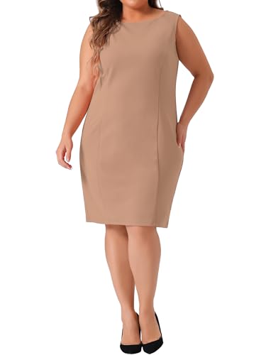 Image of Agnes Orinda Plus Size Sheath Dress for Women Sleeveless Boat Neck Casual Straight Pencil Work Dresses