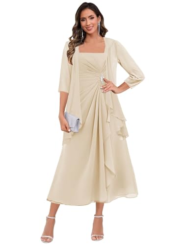 2 Piece Chiffon Mother of The Bride Dresses with Jacket Ruffle Formal Evening Dress