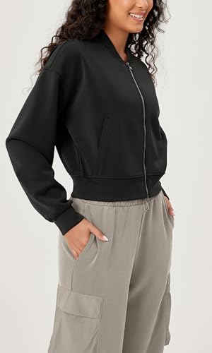 ODODOS Modal Soft Full-Zip Bomber Jacket for Women Long Sleeve Casual Fall Outfit Crop Top with Pockets2