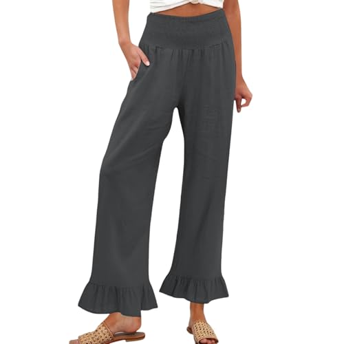 Image of Womens Linen Palazzo Pants Ruffle Hem Drawstring Boho Trousers Beach Travel Vacation Outfits