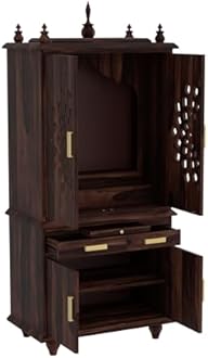 G Fine Furniture 5.8 Feet Long Wooden Temple for Home | Big Pooja Mandir, Puja Ghar with 2 Drawer Storage, 4 Door Cabinet & Dhoop Batti Slider Stand | Solid Wood Sheesham, Walnut Finish
