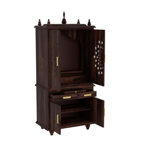 G Fine Furniture 5.8 Feet Long Wooden Temple for Home | Big Pooja Mandir, Puja Ghar with 2 Drawer Storage, 4 Door Cabinet & Dhoop Batti Slider Stand | Solid Wood Sheesham, Walnut Finish