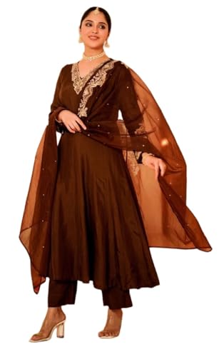 Image of Nermosa Women Solid Anarkali Kurta and Pant Set with Dupatta | Solid Kurta Set | Embroidery Kurta Set | Women Kurta Set |
