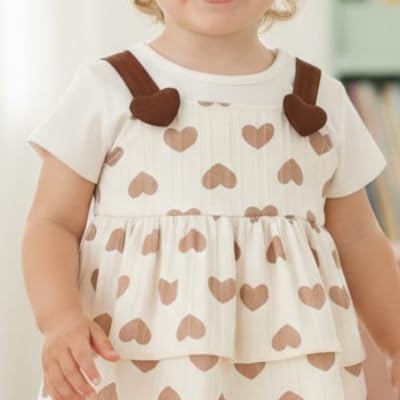 Image of A.T.U.N. (ALL THINGS UBER NICE) Baby Girls 100% Cotton Pinafore Dress with Inner Look Top | Cute Heart Print Design | Soft Touch Flared Fit | Comfortable Stylish Outfit for Babies