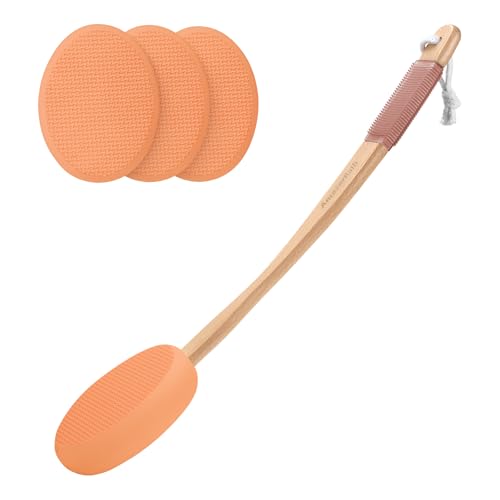 Image of AmazerBath Lotion Applicator for Back, Feet, 4 Replaceable Pads with Long Handle, Back Sunscreen Applicator for Kids, Elderly, Women, Apply Cream Medicine Skin Cream Moisturizer Tanner, Orange