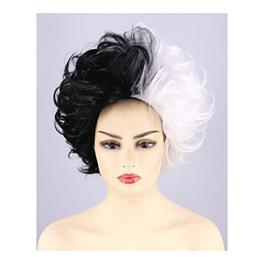 Cruella de Vil peruk, ond Madame Parig Kort svart vita lockiga peruker for Fancy Dress Halloween Party
