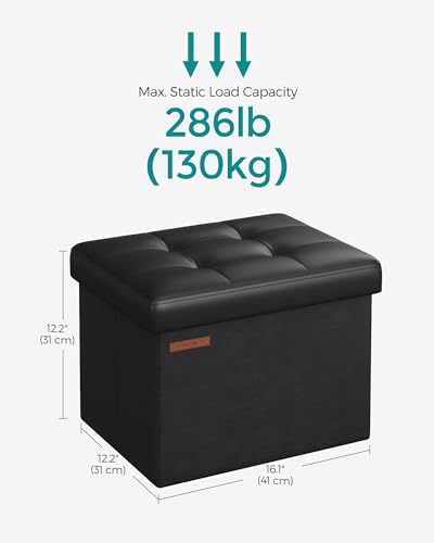 Image of SONGMICS Small Folding Storage Ottoman, Synthetic Leather, Ink Black | Foot Rest Stool, Cube Footrest, 12.2 x 16.1 x 12.2 Inches, 286 lb Capacity, Bedroom, Dorm, ULSF100B01